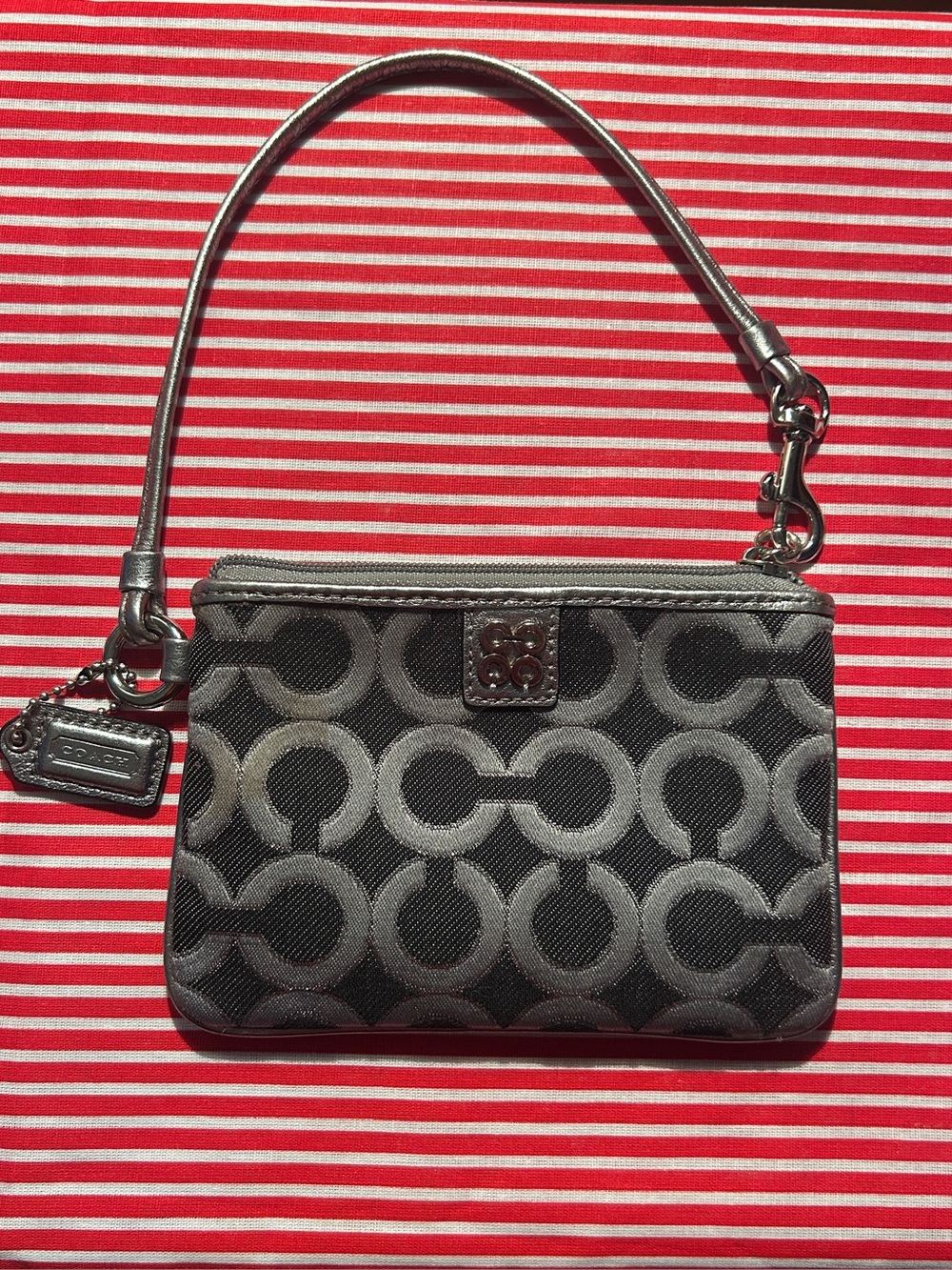 Coach Black Signature C Wristlet with Silver Hardware